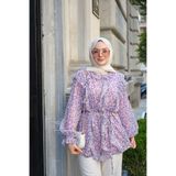 LOCCO Kadın İçi Astarlı Küçük Çiçek Desenli Bel Bağlamalı Tül Tunik Lila