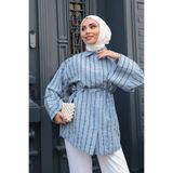 LOCCO Siyah Çizgili Balon Kol Gömlek Mavi