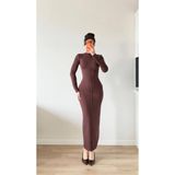LOCH BUTİK Kadın Kahverengi Uzun Kollu Maxi Elbise
