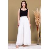 lodmela Beli Lastikli Pliseli Şifon Pantolon 6030-Beyaz