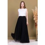 lodmela Beli Lastikli Pliseli Şifon Pantolon 6030-Siyah