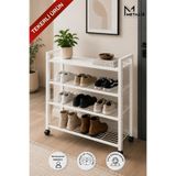 Loft 4 Katlı Beyaz Tekerlekli Metal Ayakkabılık, Siyah Tekerlekli
