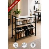 Loft 4 Katlı Siyah Tekerlekli Metal Ayakkabılık, Siyah Tekerlekli