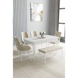 Loft Beyaz 80X132 Açılabilir Mdf Masa Yemek Odası Takımı, Mutfak Takımı 4 Sandalye, 1 Bench - Krem