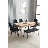 Loft Meşe Desen 80X132 Açılabilir Mdf Masa Yemek Odası Takımı, Mutfak Takımı 4 Sandalye, 1 Bench - Antrasit - 80 x 132 cm