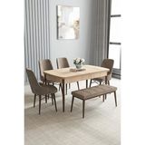 Loft Meşe Desen 80X132 Açılabilir Mdf Masa Yemek Odası Takımı, Mutfak Takımı 4 Sandalye, 1 Bench - Cappuccino - 80 x 132 cm