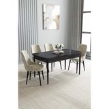 Loft Siyah Mermer 80X132 Açılabilir Mdf Masa Yemek Odası Takımı, Mutfak Takımı 4 Adet Sandalye - Krem