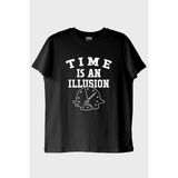 Lofux Time Is An Illusion Baskılı Minimalist Siyah Tişört (L)