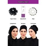 Loggia 6lı Siyah Tesettür Seti - Topuz Tokası, Eşarp Bandı, Klips, İç Başörtüsü, Düz Bone, Fırfırlı Bone