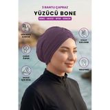 Loggia Üç Bantlı Çapraz Deniz Havuz Yüzücü Spor Bonesi - Hazır Türban Tesettür Mayo Dış Bone-Lila