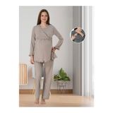 Lohusa Homewear Kadın Bej Özel Tasarım Pamuk Penye Hamile Lohusa Pijama Takımı