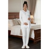 Lohusa Homewear Kadın Ekru Dantel Detaylı Uzun Kollu Şık Tasarım Lohusa Hamile Pijama Takımı