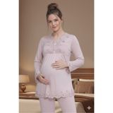 Lohusa Homewear Kadın Gül Kurusu Dantel Detaylı Uzun Kollu Şık Tasarım Lohusa Hamile Pijama Takımı
