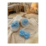 Lohusa Homewear Kadın Mavi Dantel Detaylı Fiyonklu Lohusa Hamile Taç Terlik Set