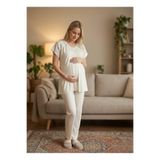 Lohusa Homewear Yeni Sezon Ekru Dantel Detaylı Yazlık Düğmeli Kısa Kol Hamile Lohusa Pijama Takımı