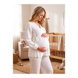 Lohusa Homewear Yeni Sezon Ekru Müslin Kumaş Kruvaze Bağlamalı Detaylı Uzun Kollu Tasarım Kolay Emzirme Özellikli %100 Pamuk Lohusa Hamile Pijama Takımı