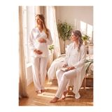 Lohusa Homewear Yeni Sezon Ekru Müslin Kumaş Kruvaze Emzirme Uyumlu Tasarım Uzun Kollu %100 Pamuk Lohusa Hamile Sabahlık Pijama Takımı Seti