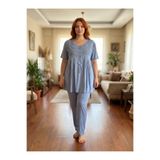 Lohusa Homewear Yeni Sezon Havacı Mavi Dantel İşlemeli Tasarım Yazlık Kısa Kol Büyük Beden(Battal Boy) Pijama Takımı