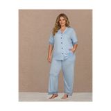 Lohusa Homewear Yeni Sezon Kadın Mavi Boydan Düğmeli Tasarım Kısa Kol Yazlık Büyük Beden (Battal Boy) Pijama Takımı