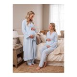 Lohusa Homewear Yeni Sezon Mavi Müslin Kumaş Kruvaze Emzirme Uyumlu Tasarım Uzun Kollu %100 Pamuk Lohusa Hamile Sabahlık Pijama Takımı Seti