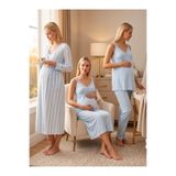 Lohusa Homewear Yeni Sezon Mavi Yazlık Çizgili Uzun Sabahlıklı Tasarım Askılı %100 Pamuk Lohusa Hamile Sabahlık Gecelik Pijama Takımı Seti