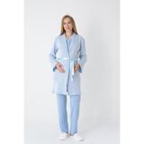 Lohusa ve Hamilelere Özel Jakarlı Çizgili Sabahlık/Düğmeli(Emzirmeli) Uzun Kollu Pijama Takımı-(3'lü) Mavi 2XL Beden