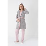Lohusa ve Hamilelere Özel Jakarlı Çizgili Sabahlık/Düğmeli(Emzirmeli) Uzun Kollu Pijama Takımı-(3'lü) Pudra XL Beden