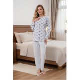 Lohussa Kadın Mavi Çiçek Desenli Full Düğmeli Uzun Kollu Rahat Kesim Pamuklu Büyük Beden Pijama Takımı