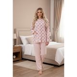 Lohussa Kadın Pudra Çiçek Desenli Full Düğmeli Uzun Kollu Rahat Kesim Pamuklu Büyük Beden Pijama Takımı