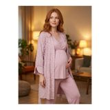 Lohussa Yeni Sezon Gül Kurusu Yazlık Kolay Emzirme Özellikli Tasarım Kısa Kol Dokuma Hamile Lohusa Sabahlık Pijama Takımı 3'Lü Set