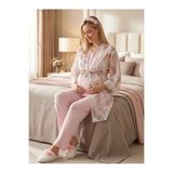 Lohussa Yeni Sezon Pembe Dokuma Desenli Kısa Kollu Tasarım Düğmeli Hamile Lohusa Sabahlık Pijama Takımı 3'Lü Set