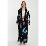 loia Kadın Siyah Desenli Pantolon Ve Uzun Kimono Dokuma Alt Üst Şık Takım L26-BCVL-24976
