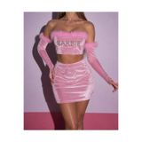 Lolipop Butik Pembe Kadife Kolluklu Crop&Etek Takım