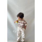 Lolipop Kids Store Erkek Çocuk Çizgili Tişört Gabardin Kumaş Pantolon Bayramlık Alt Üst Takım - 4 - 5 Yaş - Krem