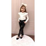 Lolipop Kids Store Kız Çocuk Fitilli Bluz ve Deri Pantalon Ikili Takım - 5 - 6 Yaş - Siyah - Beyaz