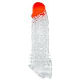 Lolita Shop Uyarıcı Tırtıklı 4 Cm Dolgulu Uzatmalı Şeffaf Kırmızı Silikon 21.5 Cm Testise Tutacaklı Penis Kılıfı