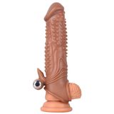 Lolita Shop Uyarıcı Tırtıklı Titreşimli Uzatmalı 3 Cm Dolgulu 19 Cm Testis Tutacaklı Melez Penis Kılıf