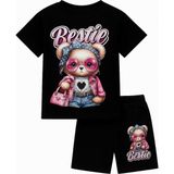 Lolli Boom Kids Bestie Siyah ve Pembe Renk Kız Çocuk Takım - Ayıcık Baskılı Tişört & Şort 2'li Set - 9 - 10 Yaş