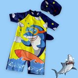 Lolli Boom Kids Erkek Çocuk Kısa Kol Sırt Fermuar Surfer Köpek Balığı Desen Hipster Yüzücü Mayo Bone Hediyeli - 04G-Mavi - 3 - 4 Yaş