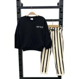 Lolli Boom Kids Erkek Çocuk Siyah Beyaz Çizgili 3ip Sweatshirt - Bel Ayarlı Eşofman Alt Üst Takım 2 Parça - 11 - 12 Yaş - 000-Siyah
