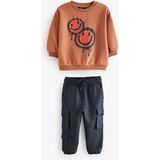 Lolli Boom Kids Erkek Çocuk Smile Desenli Kışlık 3 Iplik Pamuklu Sweatshirt Kargo Eşofman Alt-Üst Takım - 7 - 8 Yaş - 02 Turuncu