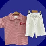 Lolli Boom Kids Kımızı Çizgili Polo Yaka Tshirt Ekru Bermuda Şort Takım 2'li Set - 240-Kırmızı - 5 - 6 Yaş
