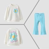 Lolli Boom Kids Kız Çocuk Ekru - Mavi Papatya Baskılı Ispanyol Paça Taytlı Sweatshirt 3 Iplik 2 Parça Alt Üst Takım - 00Mavi - 3 - 4 Yaş