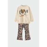 Lolli Boom Kids Kız Çocuk Love Leopar Baskılı Ispanyol Paça Tayt Alt Üst Takım 3 Iplik - 2 - 3 Yaş - Bej - Leopar