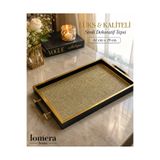 Lomera Home Lüks Simli Ahşap Dekoratif Tepsi 42x29 cm – Siyah Gold Kulplu Premium Sunum Tepsisi