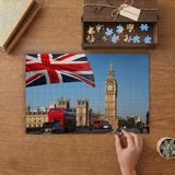 Londra Big Ben - Saat Kulesi- Ingiltere Bayrağı Tasarımı 240 Parça Ahşap Puzzle Ahşap Kutuda MP01194