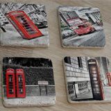Londra Kırmızı Telefon Kulübeleri ve Otobüs Doğal Taş Bardak Altlığı 4'lü set - Natural Stone Coasters