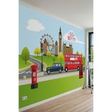Londra Simgeleri, Big Ben, Kırmızı Çift Katlı Otobüs ve Telefon Kulübesi Motifli Tek Parça Tekstil Duvar Kağıdı, 550 x 260