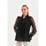 Loom Boutique Kadın Büyük Beden Kravat Yaka Organze Üzeri Kolu Flok baskılı Krep Bluz B0045