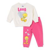 Looney Tunes Kız Bebek Lisans Eşofman Takımı Baskılı Bisiklet Yaka Long Sleeve Ribanalı - Ekru